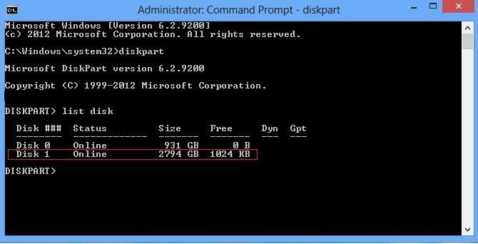 diskpart list disk select disk 0 list partition
