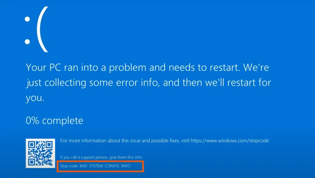 Penyebab BAD_SYSTEM_CONFIG_INFO