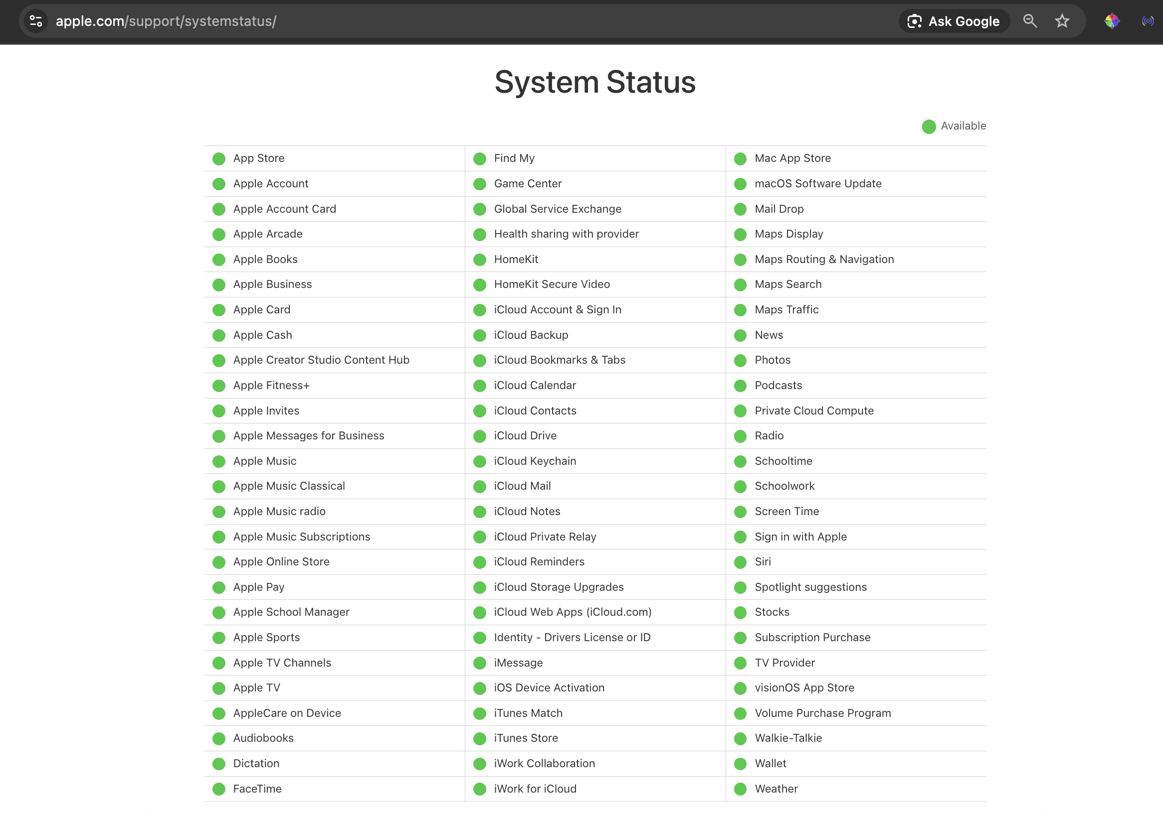 https://www.apple.com/support/systemstatus/