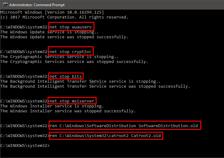 net stop wuauserv net stop bits net stop cryptSvc net stop msiserver